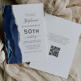 Navy Blue Silver Agate QR Code 50. Geburtstag Einladung