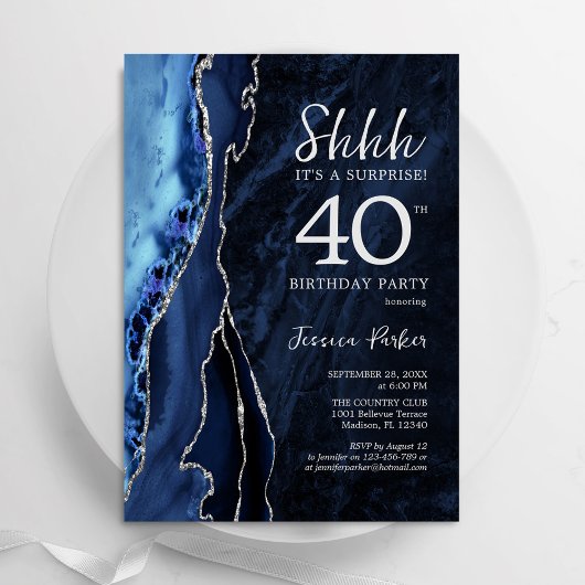 Navy Blue Silver Agate Überraschung 40. Geburtstag Einladung