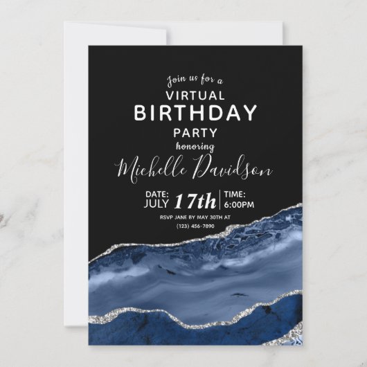 Navy Blue & Silver Agate Virtual Birthday Invitati Einladung (Vorderseite)