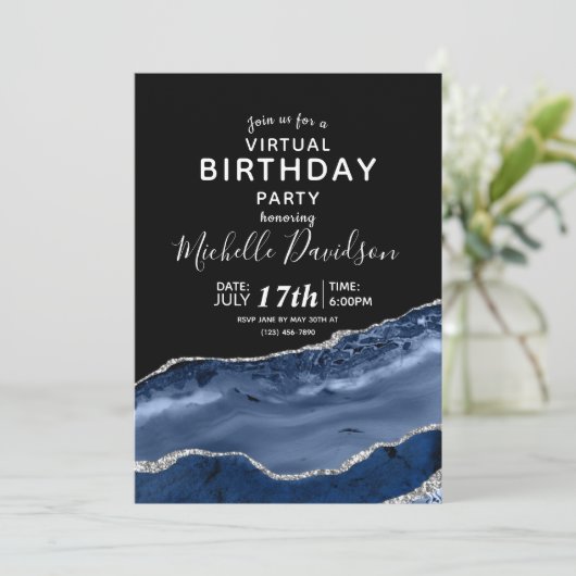 Navy Blue & Silver Agate Virtual Birthday Invitati Einladung (Stehend Vorderseite)