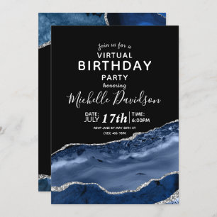 Navy Blue & Silver Agate Virtual Birthday Invitati Einladung