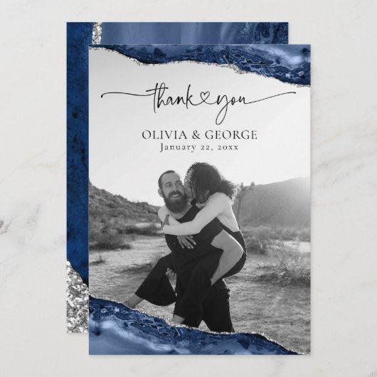 Navy Blue Silver Agate Wedding Dankeschön Karten (Vorne/Hinten)