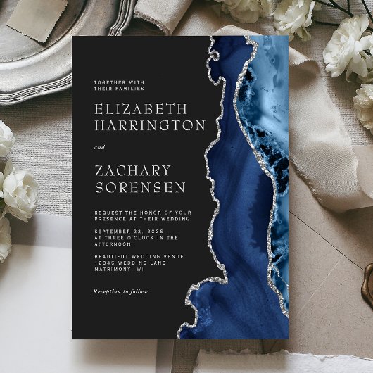 Navy Blue Silver Agate Wedding Einladung
