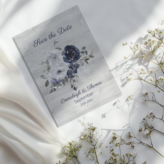 Navy Blue Silver Aquarell Floral Save the Date