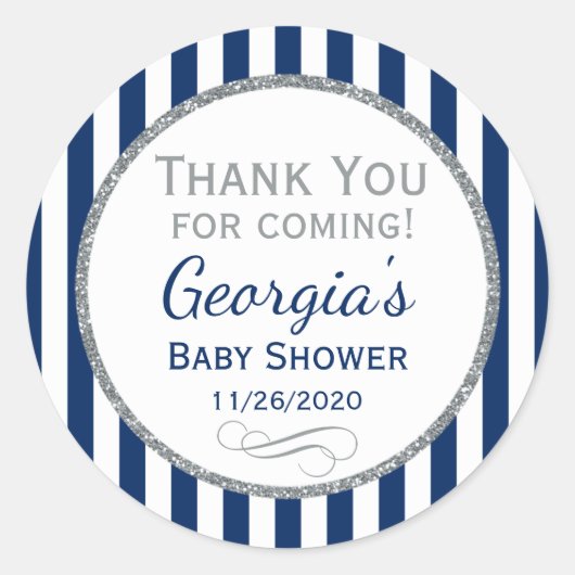 Navy Blue Silver Baby Dusche Vielen Dank für Ihre  Runder Aufkleber (Vorderseite)