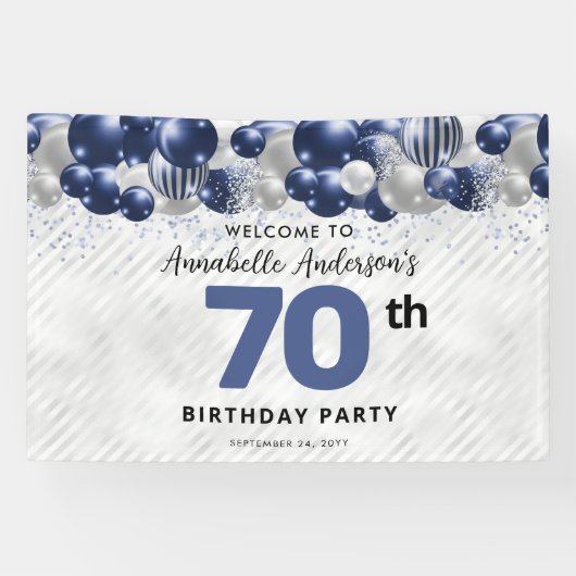 Navy Blue Silver Ballon 70. Geburtstag Willkommen Banner (Horizontal)