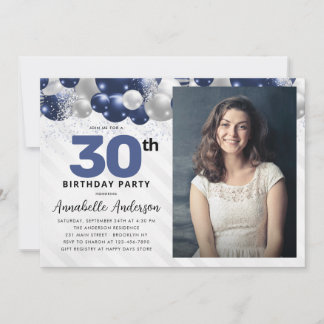 Navy Blue Silver Ballon Glitzer Foto Geburtstag Einladung