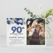 Navy Blue Silver Ballon Glitzer Foto Geburtstag Einladung (Stehend Vorderseite)