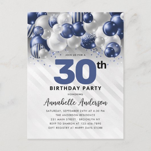 Navy Blue Silver Balloon Glitzer 30. Geburtstag Postkarte (Vorderseite)