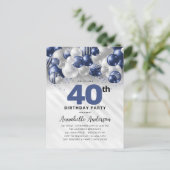 Navy Blue Silver Balloon Glitzer 40. Geburtstag Postkarte (Stehend Vorderseite)