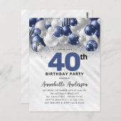 Navy Blue Silver Balloon Glitzer 40. Geburtstag Postkarte (Vorne/Hinten)