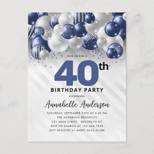 Navy Blue Silver Balloon Glitzer 40. Geburtstag Postkarte (Vorderseite)