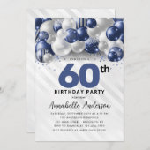 Navy Blue Silver Balloon Glitzer 60. Geburtstag Einladung (Vorne/Hinten)