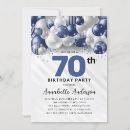 Navy Blue Silver Balloon Glitzer 70. Geburtstag Einladung