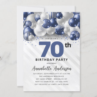 Navy Blue Silver Balloon Glitzer 70. Geburtstag Einladung