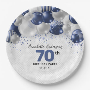 Navy Blue Silver Balloon Glitzer 70. Geburtstag Pappteller