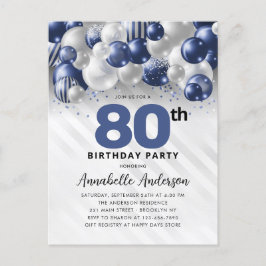 Navy Blue Silver Balloon Glitzer 80. Geburtstag Postkarte