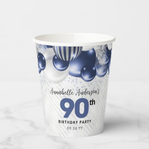 Navy Blue Silver Balloon Glitzer 90. Geburtstag Pappbecher