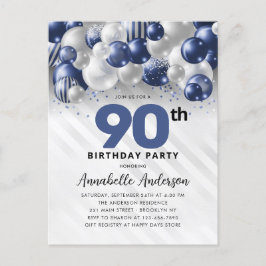 Navy Blue Silver Balloon Glitzer 90. Geburtstag Postkarte