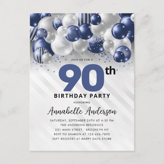 Navy Blue Silver Balloon Glitzer 90. Geburtstag Postkarte (Vorderseite)