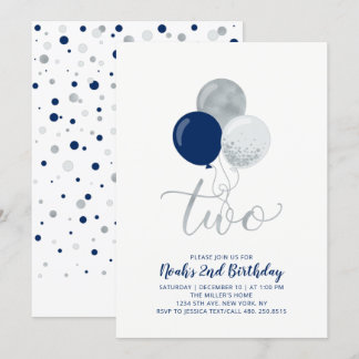 Navy Blue & Silver Balloons Junge 2. Geburtstag Pa Einladung