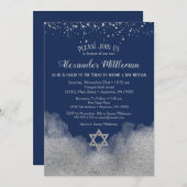 Navy Blue Silver Bar Mitzvah Einladung (Vorne/Hinten)