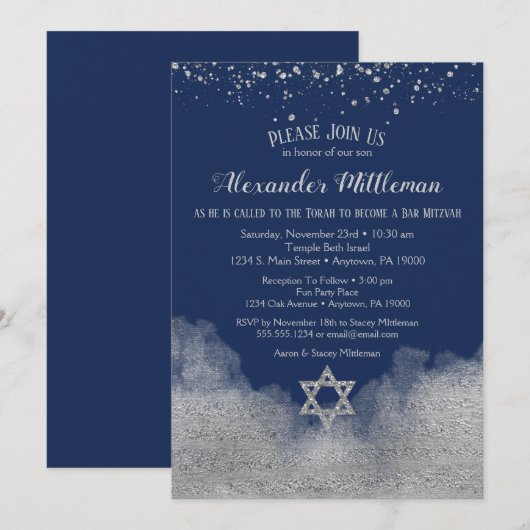 Navy Blue Silver Bar Mitzvah Einladung (Vorne/Hinten)