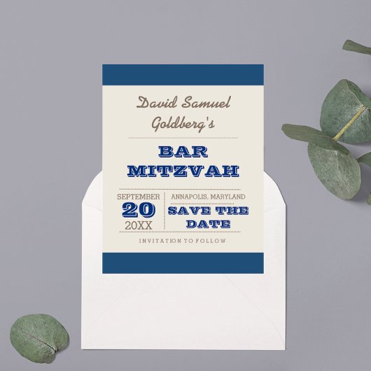 Navy Blue & Silver Bar Mitzvah Save the Date Ankündigungspostkarte