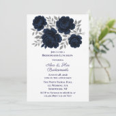Navy Blue & Silver Blätter Bridesmaids Luncheon Einladung (Stehend Vorderseite)