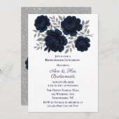 Navy Blue & Silver Blätter Bridesmaids Luncheon Einladung (Vorne/Hinten)