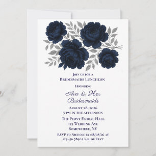 Navy Blue & Silver Blätter Bridesmaids Luncheon Einladung