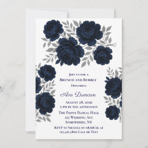 Navy Blue & Silver Blätter Brunch und Bubbly Einladung