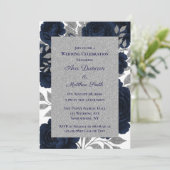 Navy Blue & Silver Blätter Hochzeiten Einladung (Stehend Vorderseite)