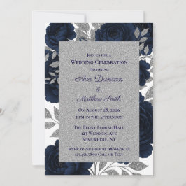 Navy Blue & Silver Blätter Hochzeiten Einladung