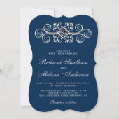 Navy Blue Silver Blüh Hochzeitseinladung Einladung (Vorderseite)