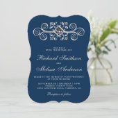 Navy Blue Silver Blüh Hochzeitseinladung Einladung (Stehend Vorderseite)