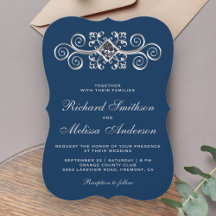 Navy Blue Silver Blüh Hochzeitseinladung