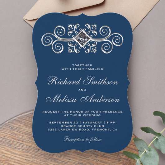 Navy Blue Silver Blüh Hochzeitseinladung Einladung