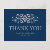 Navy Blue Silver Blüh Wedding Vielen Dank Postkarte (Vorderseite)