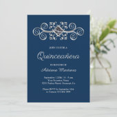 Navy Blue Silver Blühte Diamond Quinceanera Einladung (Stehend Vorderseite)
