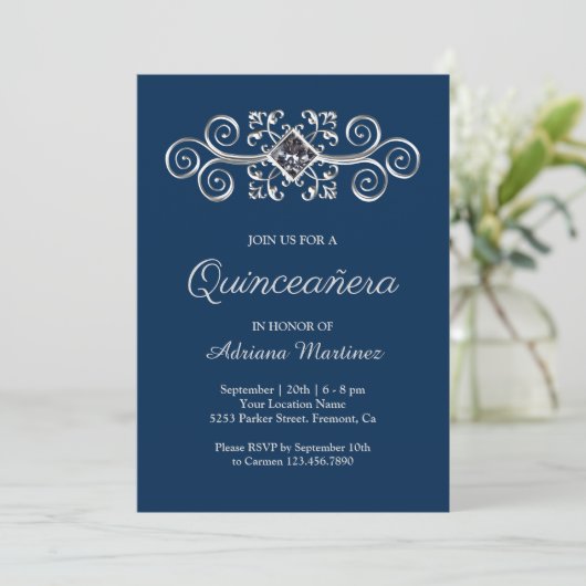 Navy Blue Silver Blühte Diamond Quinceanera Einladung (Stehend Vorderseite)