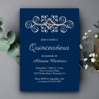 Navy Blue Silver Blühte Diamond Quinceanera Einladung