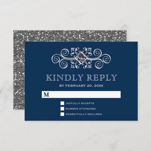 Navy Blue Silver Blühte UAWG RSVP Karte (Vorne/Hinten)