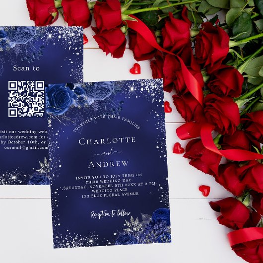 Navy Blue Silver Blume QR Code UAWG Hochzeit Einladung