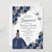 Navy Blue & Silver Butterfly Princess Quinceanera Einladung (Vorderseite)