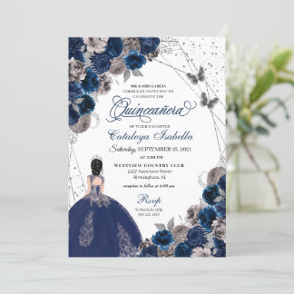 Navy Blue & Silver Butterfly Princess Quinceanera Einladung