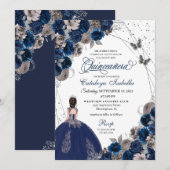 Navy Blue & Silver Butterfly Princess Quinceanera Einladung (Vorne/Hinten)
