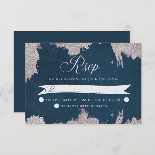 Navy Blue Silver Celestial Star Wedding RSVP Card (Vorne/Hinten)