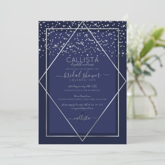 Navy Blue Silver Confetti Border Brautparty Einladung (Stehend Vorderseite)