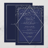 Navy Blue Silver Confetti Border Brautparty Einladung (Vorne/Hinten)